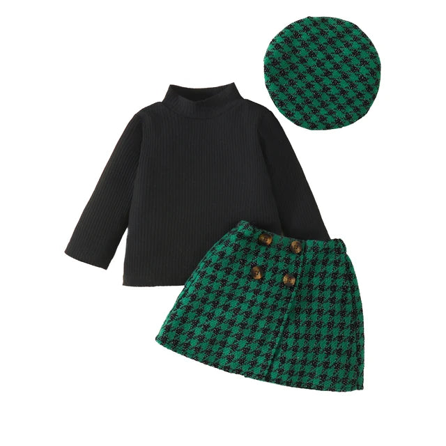 Infant Toddler Baby Girl Knit Long Sleeve Tops Plaid Skirts Hat Xmas Outfits