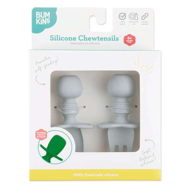 Bumkins Baby Chewtensils Training Set – Fork & Spoon for 6+ Months (Gray)