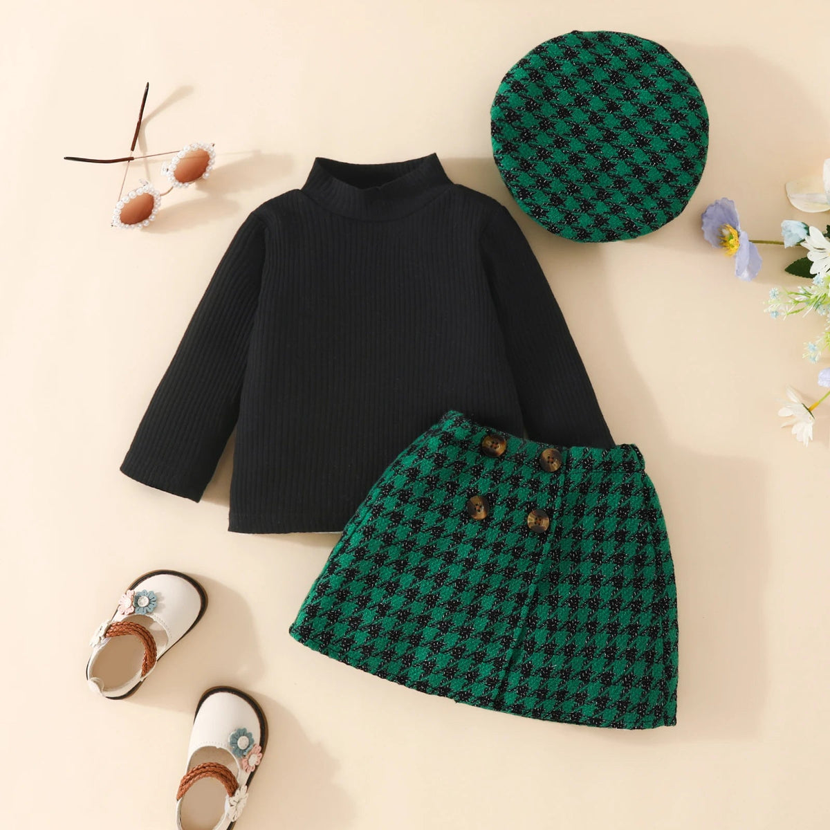Infant Toddler Baby Girl Knit Long Sleeve Tops Plaid Skirts Hat Xmas Outfits