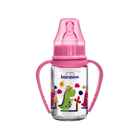 Bambino 125ml Glass Baby Bottle - Pink Dinozor Design, Non-Toxic Feeding Solution for Infants