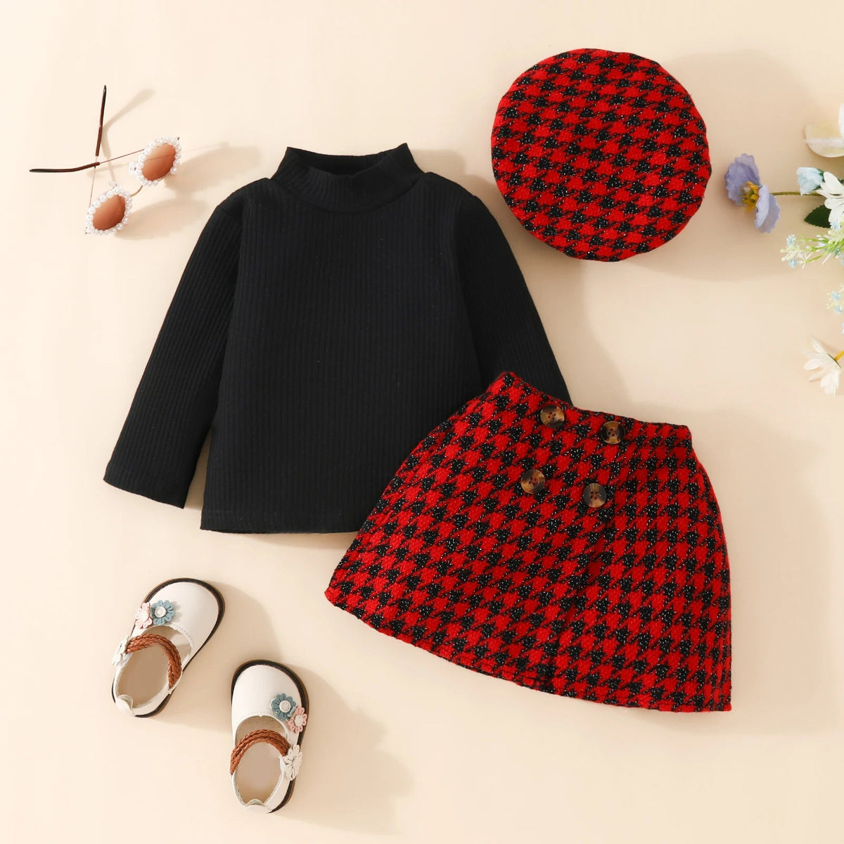 Infant Toddler Baby Girl Knit Long Sleeve Tops Plaid Skirts Hat Xmas Outfits
