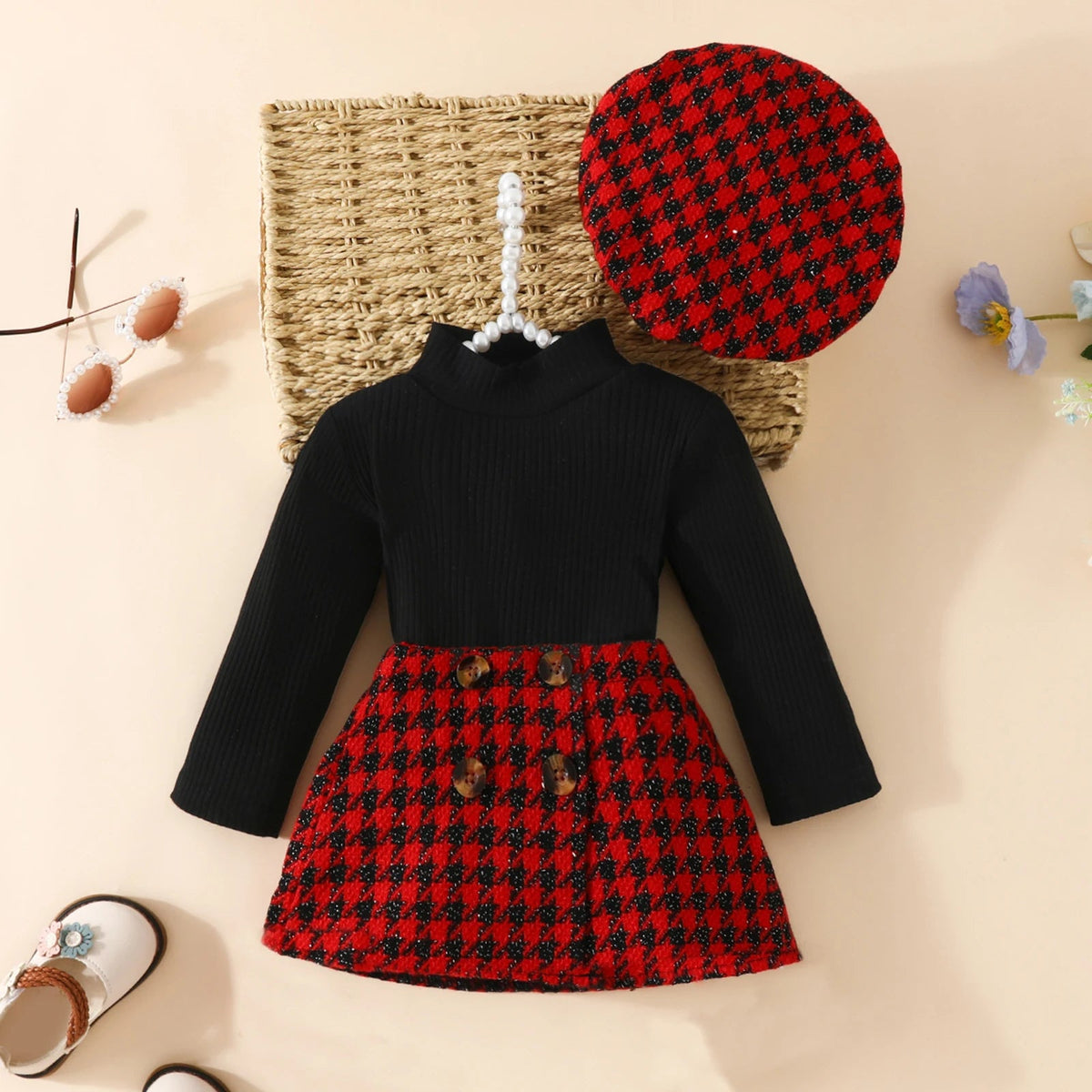 Infant Toddler Baby Girl Knit Long Sleeve Tops Plaid Skirts Hat Xmas Outfits