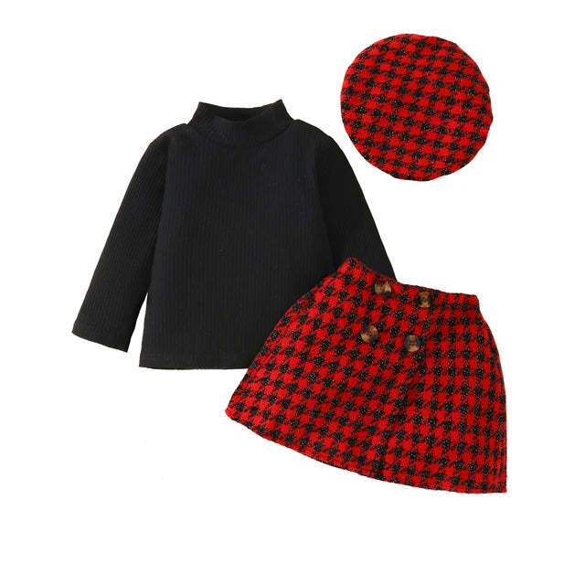Infant Toddler Baby Girl Knit Long Sleeve Tops Plaid Skirts Hat Xmas Outfits