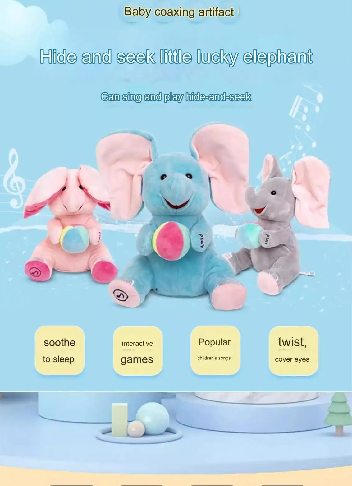 MEACAOFG™ Baby Elephant Interactive Plush Toy – Musical Peek-a-Boo