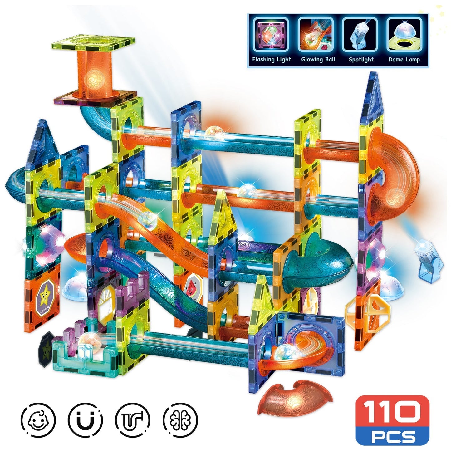 Contixo ST8 Magnetic Light-Up Tiles – 110-Piece 3D STEM Marble Run Set