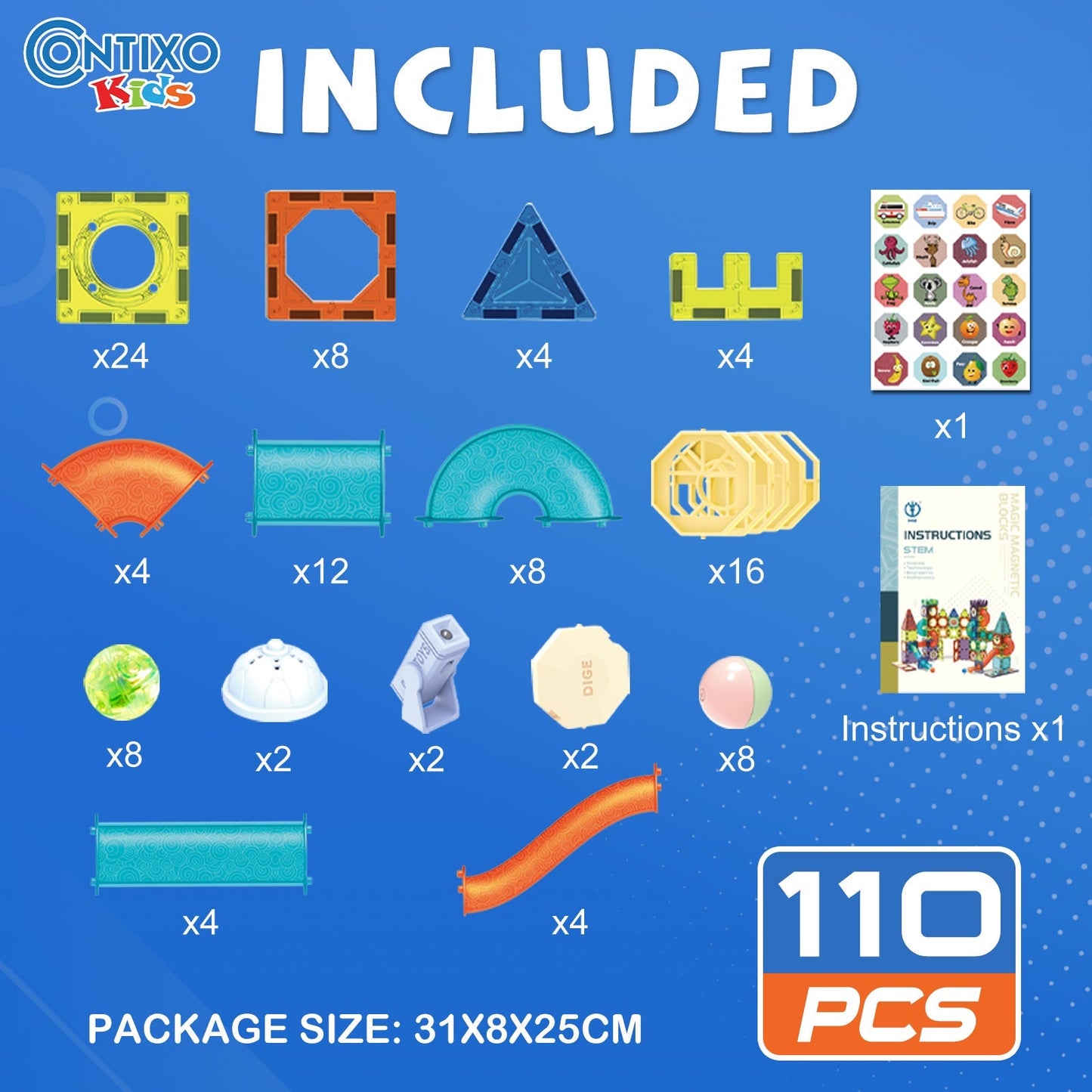 Contixo ST8 Magnetic Light-Up Tiles – 110-Piece 3D STEM Marble Run Set