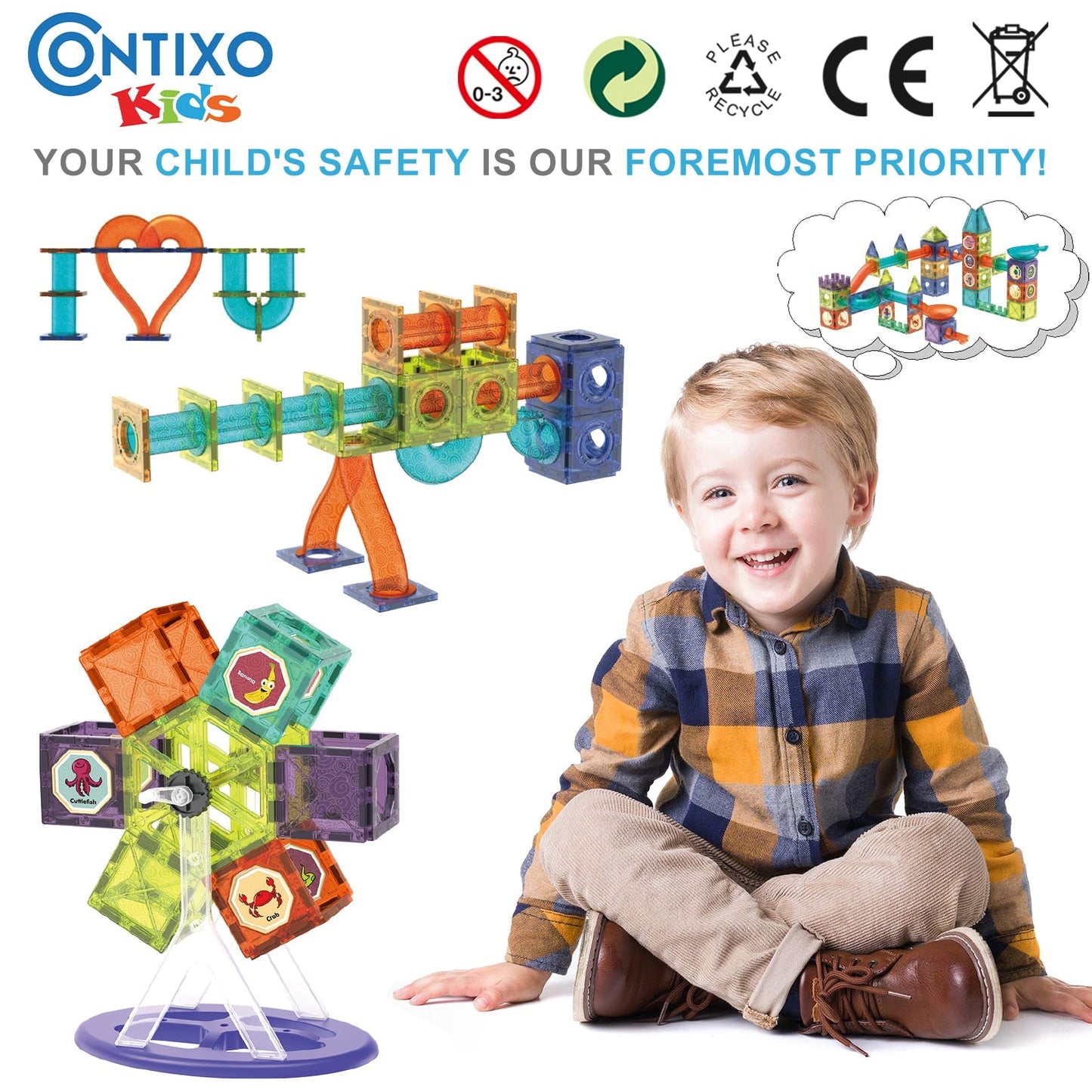 Contixo ST8 Magnetic Light-Up Tiles – 110-Piece 3D STEM Marble Run Set