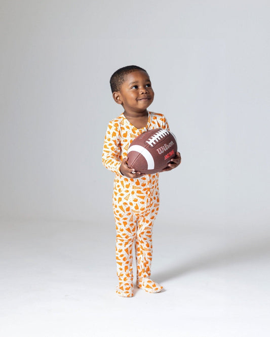 Orange Football Bamboo Baby Pajamas – Zipper Footie